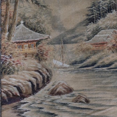 759 - An Antique silk wall hanging of Mount Fuji, with associated wooden rail, 110cm x 80cm