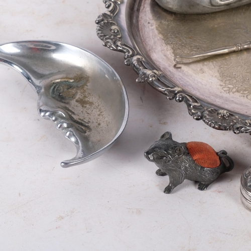 761 - A silver plated mouse pin cushion, a dog head pillbox, a pig button hook, rabbit match case, Tudric ... 