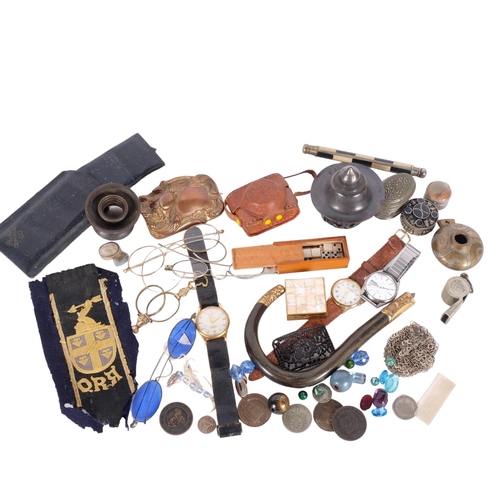 780 - A tray of various items including pill pots, miniature dominoes, glasses, watches etc