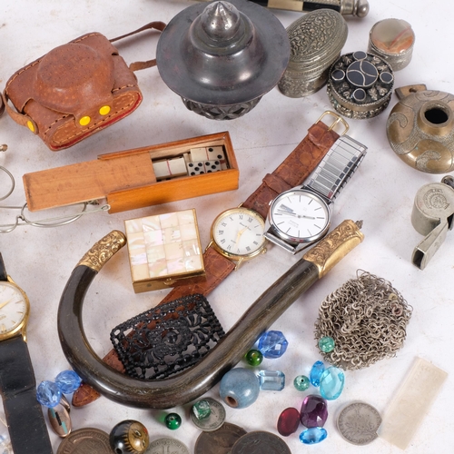 780 - A tray of various items including pill pots, miniature dominoes, glasses, watches etc