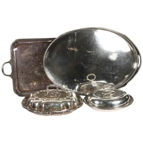 865 - A group of plated ware to include an oval galleried tea tray, W61cm, a rectangular 2-handled tea tra... 