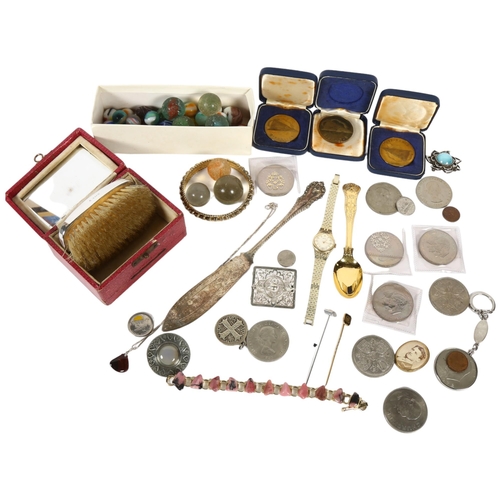 885 - A collection of various costume jewellery, wristwatch, plated ware, marbles, coins, silver-backed cl... 