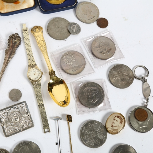 885 - A collection of various costume jewellery, wristwatch, plated ware, marbles, coins, silver-backed cl... 