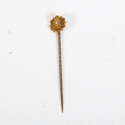 904 - A Victorian 15ct gold split pearl Etruscan Revival stickpin, circa 1890, head 10.8mm, overall 59.5mm... 