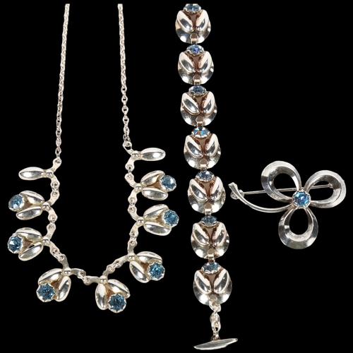 908 - HERMANN SIERSBOL - a Danish modernist sterling silver blue paste demi-parure, comprising necklace, 3... 