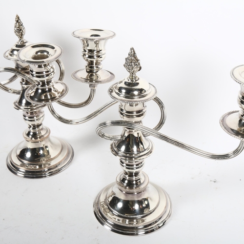 915 - A pair of silver plate on copper 3-branch table candelabras, with snuffer, H23cm