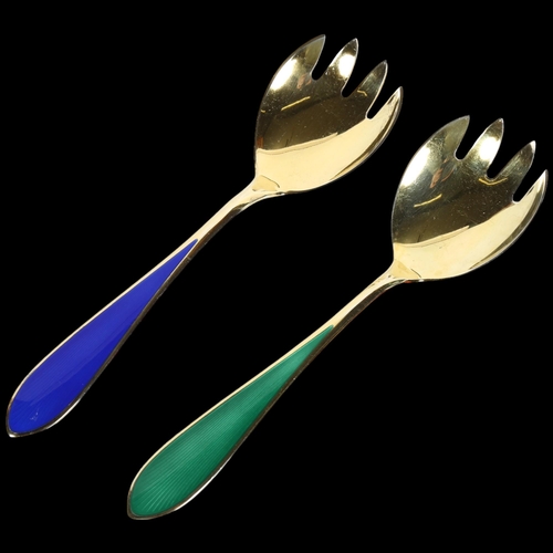 918 - N M THUNE - a pair of Norwegian silver-gilt and enamel serving forks