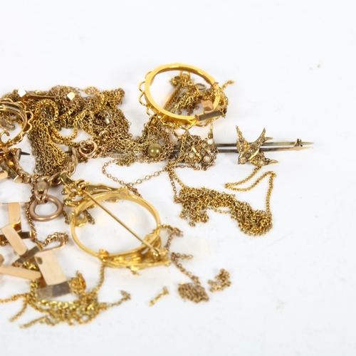 920 - A quantity of 9ct gold and unmarked yellow metal chains, brooch mounts, ring inserts etc, and an unm... 