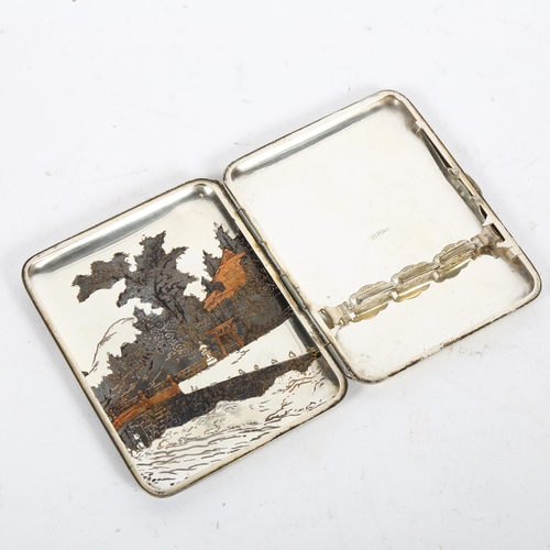 923 - A sterling silver cigarette case, with engraved pagoda decoration