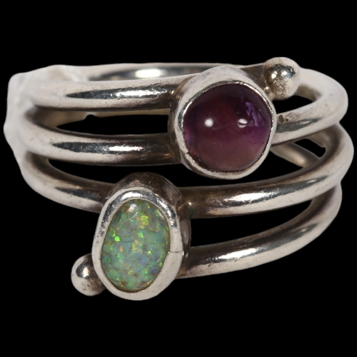 926 - A mid-20th century Danish modernist amethyst and composite opal spiral ring, unmarked white metal se... 