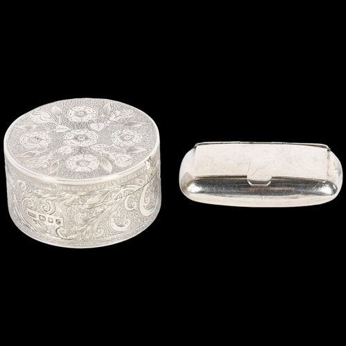 927 - A small ornate scrolled engraved circular silver box and cover, and a rectangular silver pillbox, of... 