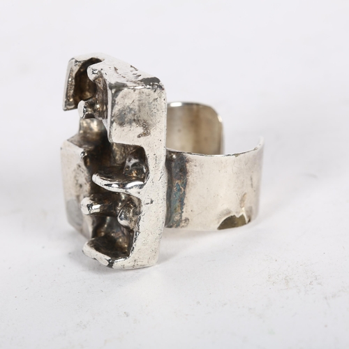 928 - NIELSEN - a Danish brutalist silver plated abstract ring, setting height 28.8mm, size R, 24.8g