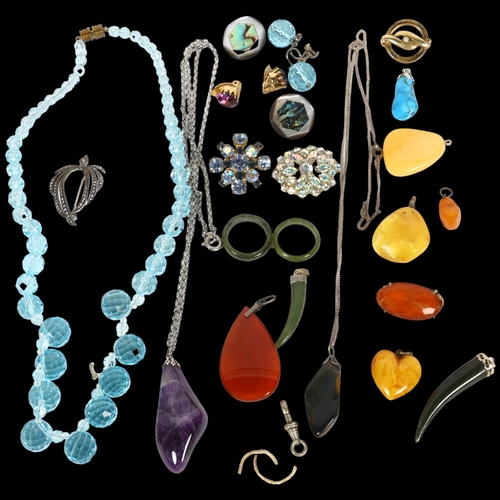 931 - A boxed of mixed jewellery, including amber, agate and turquoise pendants, silver and marcasite spra... 