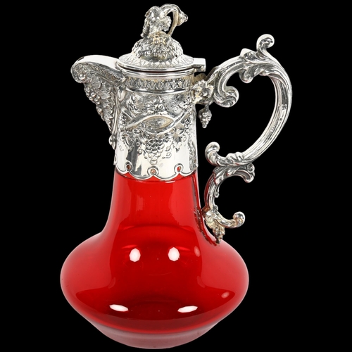 938 - A good quality 19th century silver plate mounted ruby glass Claret jug, with grapevine knop, 25cm