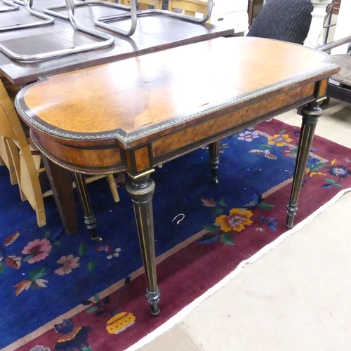 2295 - A Victorian amboina writing table, with single drawer, inlaid brass decoration and raised on fluted ... 