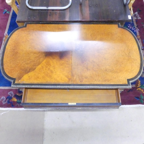 2295 - A Victorian amboina writing table, with single drawer, inlaid brass decoration and raised on fluted ... 