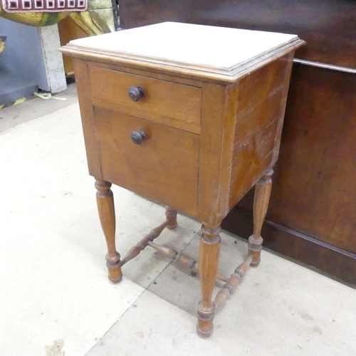 2296 - A French pine marble-top pot cupboard. 38x66x36cm.