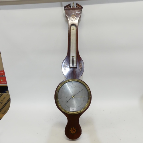 351 - An Edwardian inlaid aneroid barometer, with shell and floral decoration, with thermometer, H97cm