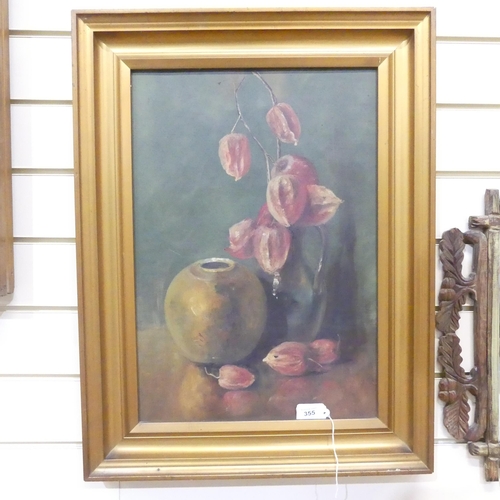 355 - Oil on canvas, still life, flowers and a vase, gilt-frame, 64cm x 49cm overall