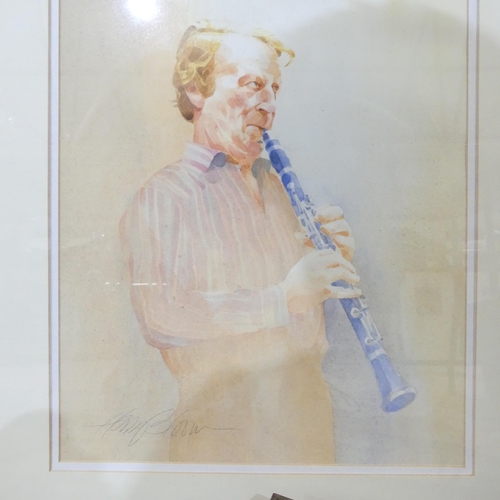 357 - Harry Bloom, watercolour portrait, clarinet player, 59cm x 48cm overall, and 2 other watercolours, a... 