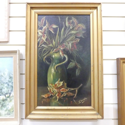 358 - K Nicholls, gilt-framed oil on canvas vase of flowers, 75cm x 49cm overall