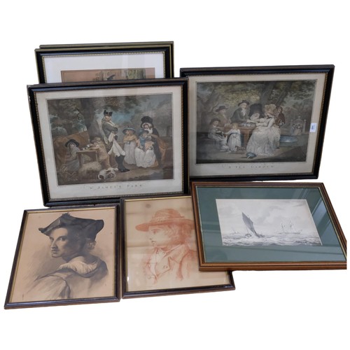 349 - A pair of Victorian Morland coloured prints, a pair of Alken prints, all in Hogarth frames, a waterc... 