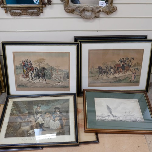 349 - A pair of Victorian Morland coloured prints, a pair of Alken prints, all in Hogarth frames, a waterc... 