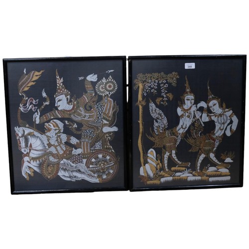 348 - A pair of South East Asian prints on silk, Kinnaree and Kinnara / Rama and Hannuman on chariot, fram... 