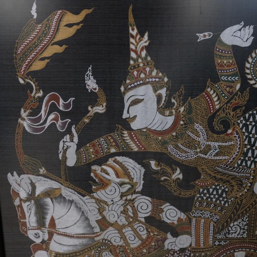 348 - A pair of South East Asian prints on silk, Kinnaree and Kinnara / Rama and Hannuman on chariot, fram... 