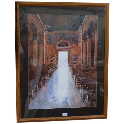 346 - WITHDRAWN - Framed watercolour, church interior scene, signed, 88cm x 70cm overall