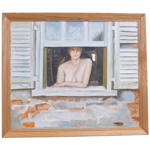 345 - Acrylics on board, nude young woman looking out of a shuttered window, 58cm x 67cm