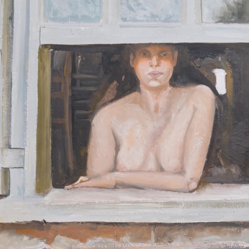 345 - Acrylics on board, nude young woman looking out of a shuttered window, 58cm x 67cm