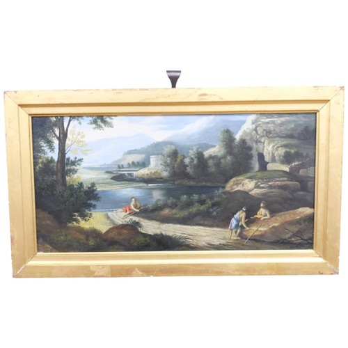 343 - Gilt-framed oils on board, Classical figures by a lake, 40cm x 70cm overall