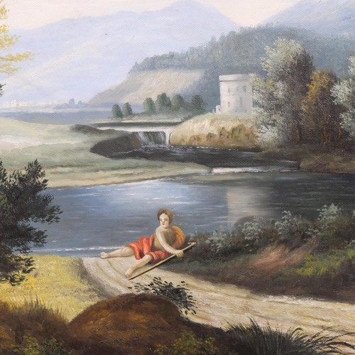 343 - Gilt-framed oils on board, Classical figures by a lake, 40cm x 70cm overall