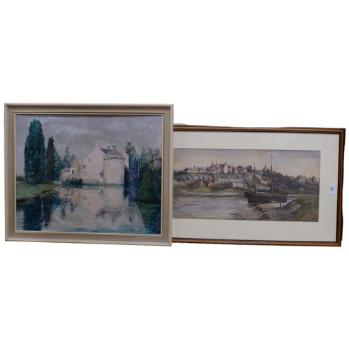 341 - J Cooke (1895), watercolour, buildings and boat, and 3 framed oil paintings, including gilt-framed l... 