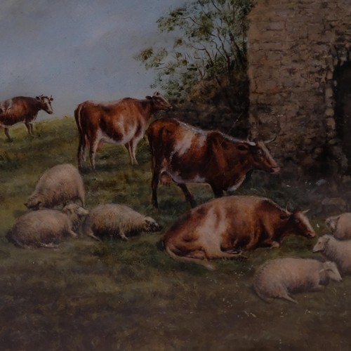 336 - Oil painting, sheep and cattle by ruined building, gilt-framed, 52cm x 67cm overall