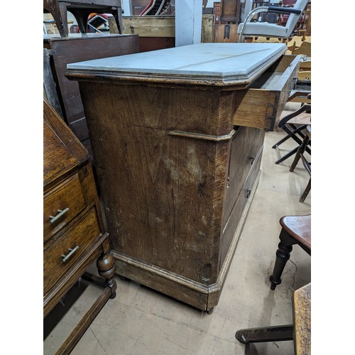 2128 - A French walnut marble topped commode chest of four long drawers. 122x102x55cm.