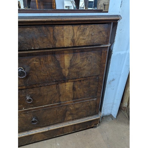 2128 - A French walnut marble topped commode chest of four long drawers. 122x102x55cm.