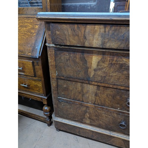 2128 - A French walnut marble topped commode chest of four long drawers. 122x102x55cm.