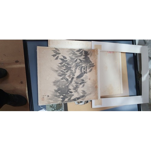 752 - A pair of Ancestor figure paintings, framed, 57cm x 42cm, a Japanese ink painting of an owl, and a f... 