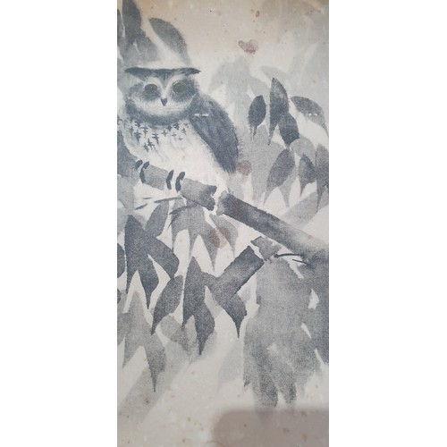 752 - A pair of Ancestor figure paintings, framed, 57cm x 42cm, a Japanese ink painting of an owl, and a f... 