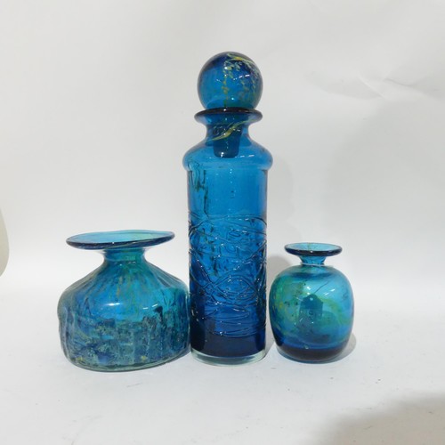 310 - A pair of Mdina glass carafes, and decanter with tracery decoration and stopper, H29cm