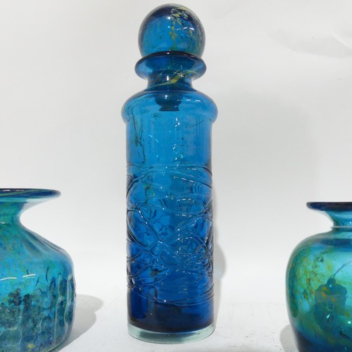 310 - A pair of Mdina glass carafes, and decanter with tracery decoration and stopper, H29cm