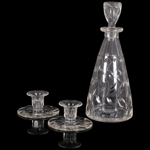 61 - CLYNE FARQAURSON(1906-78), two cut glass candlesticks and a similar leaf pattern decanter, candlesti... 