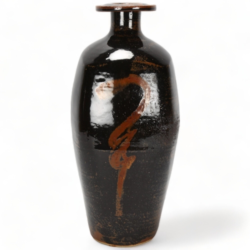 102 - DAVID LEACH (1911-2005), British, a large stoneware vase with wax resist decoration in kaki and tenm... 