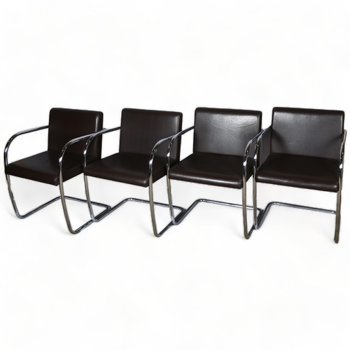 107 - A set of 4 cantilever dining chairs, in the style of Mies Van Der Rohe, tubular steel frames and bro... 