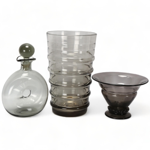 134 - A Whitefriars pewter glass decanter a large Whitefriars vase and another footed bowl, all with polis... 