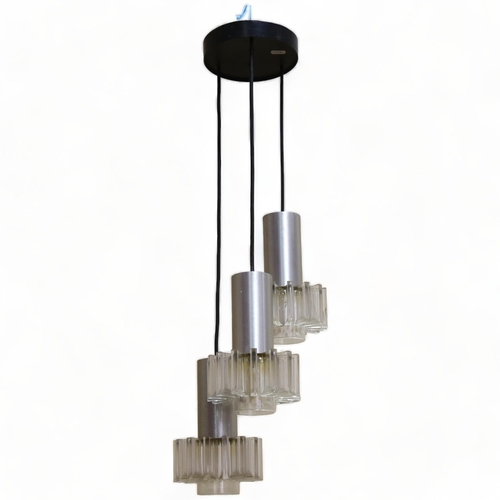 142 - A 1970s' three branch pendant ceiling light fitting, with acrylic star shades and aluminium covers, ... 