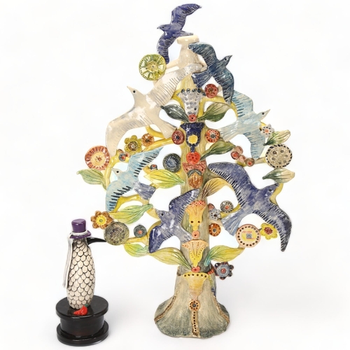 143 - A large studio ceramic tree sculpture with birds in flight, together with a ceramic 