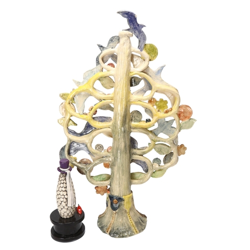 143 - A large studio ceramic tree sculpture with birds in flight, together with a ceramic 